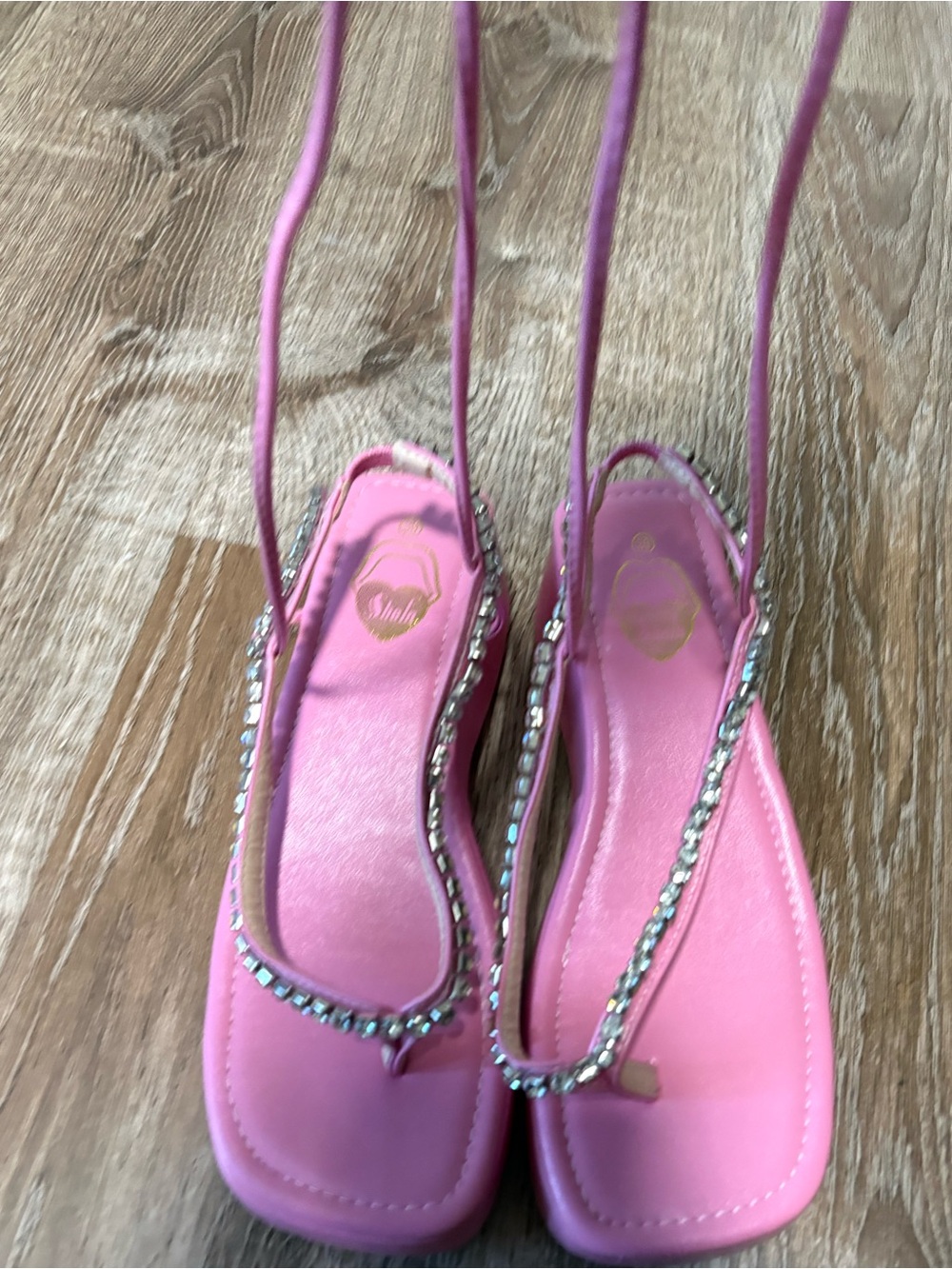 SHEIN Pink Rhinestone Tie-Up Square-Toe Sandals